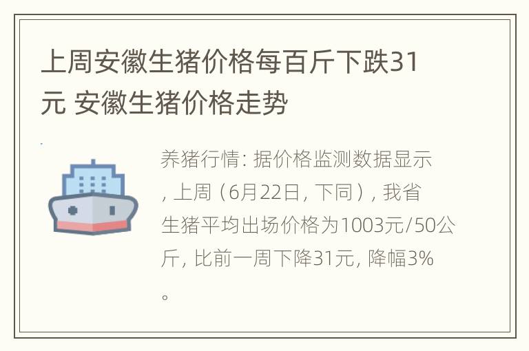 上周安徽生猪价格每百斤下跌31元 安徽生猪价格走势