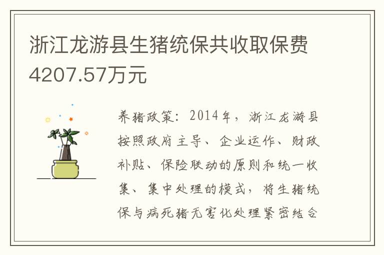 浙江龙游县生猪统保共收取保费4207.57万元