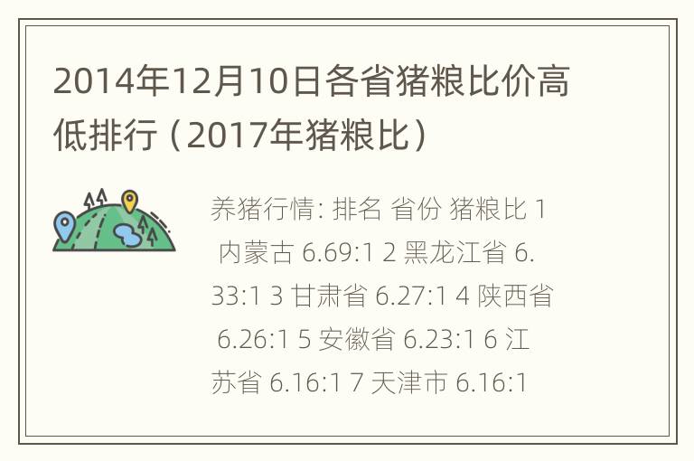 2014年12月10日各省猪粮比价高低排行（2017年猪粮比）