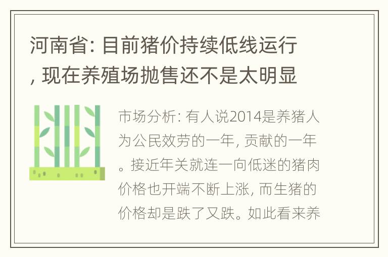 河南省：目前猪价持续低线运行，现在养殖场抛售还不是太明显