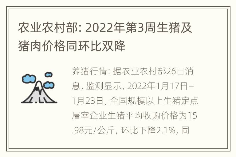 农业农村部：2022年第3周生猪及猪肉价格同环比双降