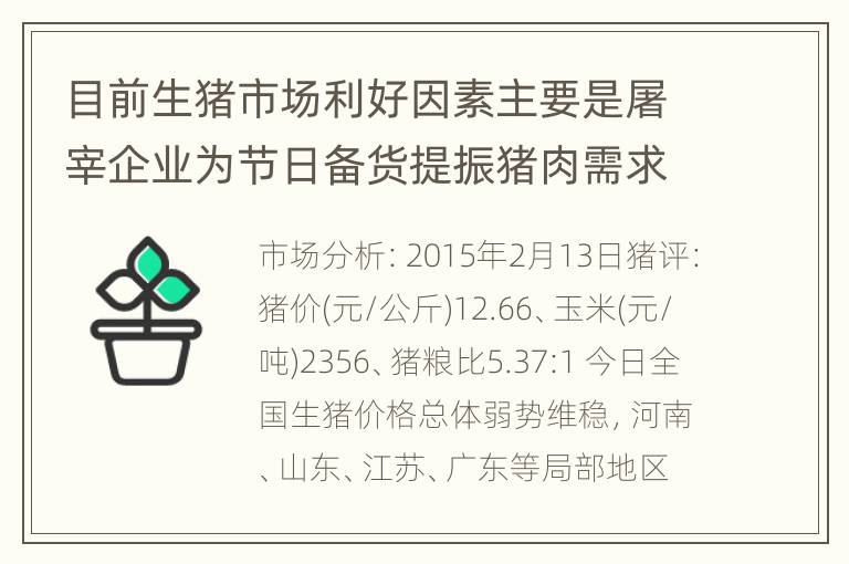 目前生猪市场利好因素主要是屠宰企业为节日备货提振猪肉需求