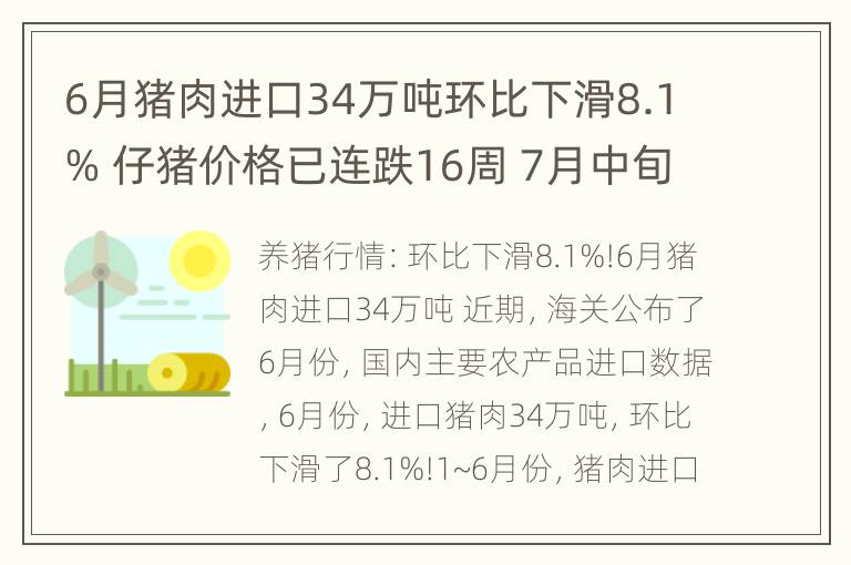 6月猪肉进口34万吨环比下滑8.1% 仔猪价格已连跌16周 7月中旬生猪价