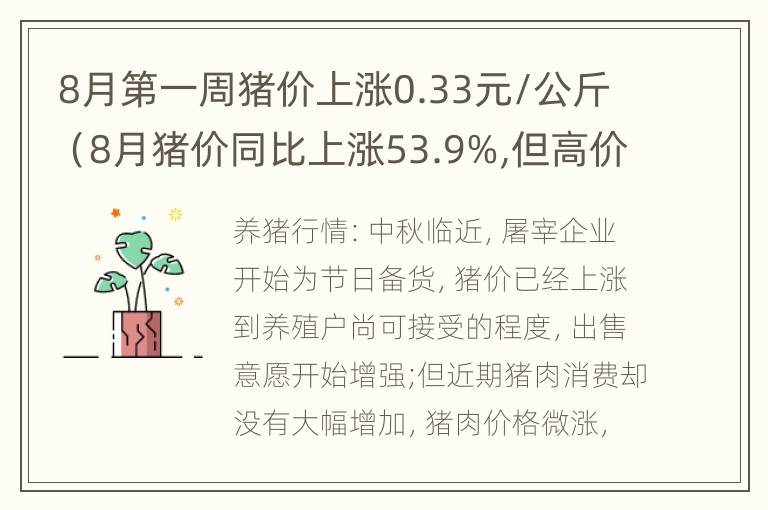 8月第一周猪价上涨0.33元/公斤（8月猪价同比上涨53.9%,但高价不会持续太久）