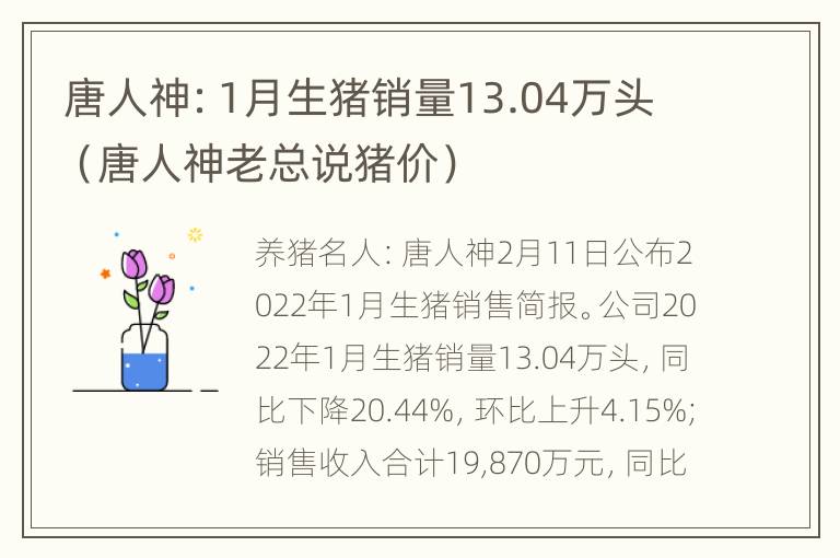 唐人神：1月生猪销量13.04万头（唐人神老总说猪价）