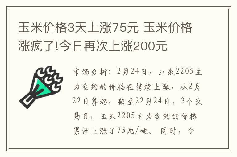 玉米价格3天上涨75元 玉米价格涨疯了!今日再次上涨200元