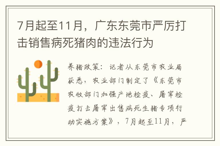 7月起至11月，广东东莞市严厉打击销售病死猪肉的违法行为