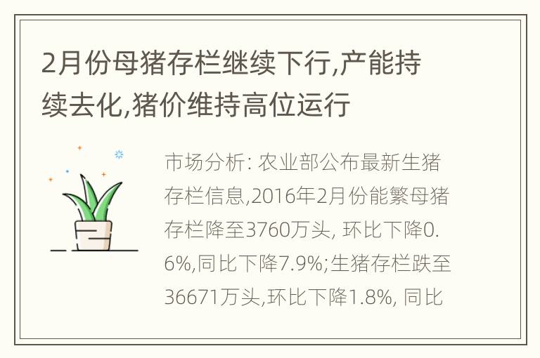 2月份母猪存栏继续下行,产能持续去化,猪价维持高位运行