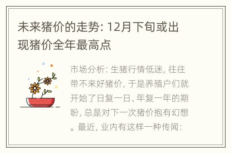 未来猪价的走势：12月下旬或出现猪价全年最高点