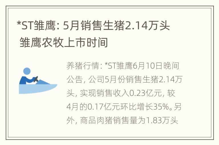 *ST雏鹰：5月销售生猪2.14万头 雏鹰农牧上市时间