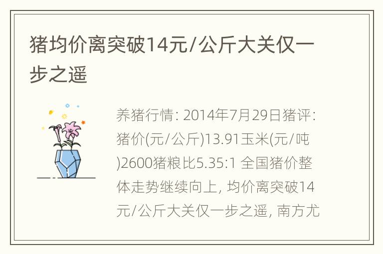 猪均价离突破14元/公斤大关仅一步之遥