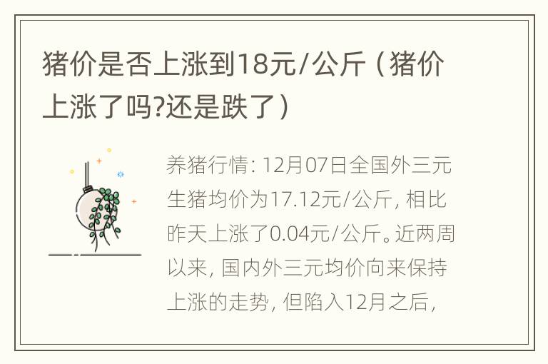 猪价是否上涨到18元/公斤（猪价上涨了吗?还是跌了）