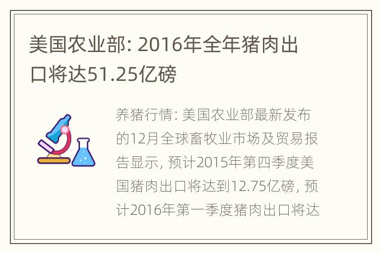 美国农业部：2016年全年猪肉出口将达51.25亿磅