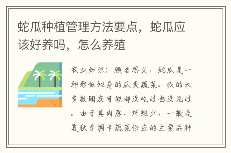 蛇瓜种植管理方法要点，蛇瓜应该好养吗，怎么养殖