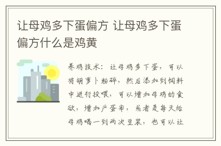 让母鸡多下蛋偏方 让母鸡多下蛋偏方什么是鸡黄