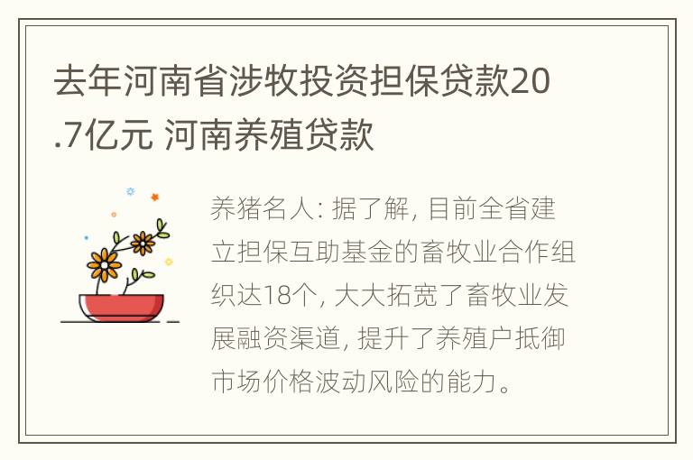 去年河南省涉牧投资担保贷款20.7亿元 河南养殖贷款