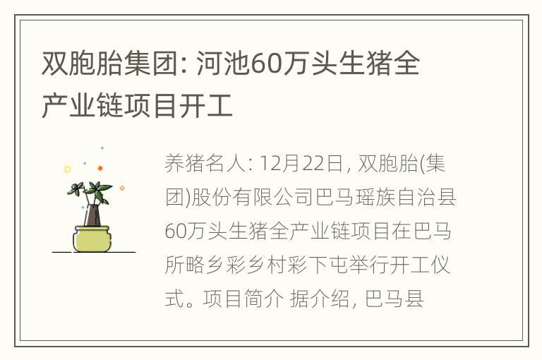 双胞胎集团：河池60万头生猪全产业链项目开工