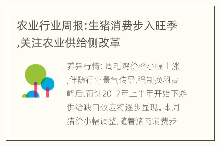 农业行业周报:生猪消费步入旺季,关注农业供给侧改革