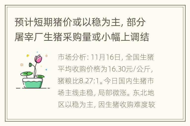 预计短期猪价或以稳为主，部分屠宰厂生猪采购量或小幅上调结算价