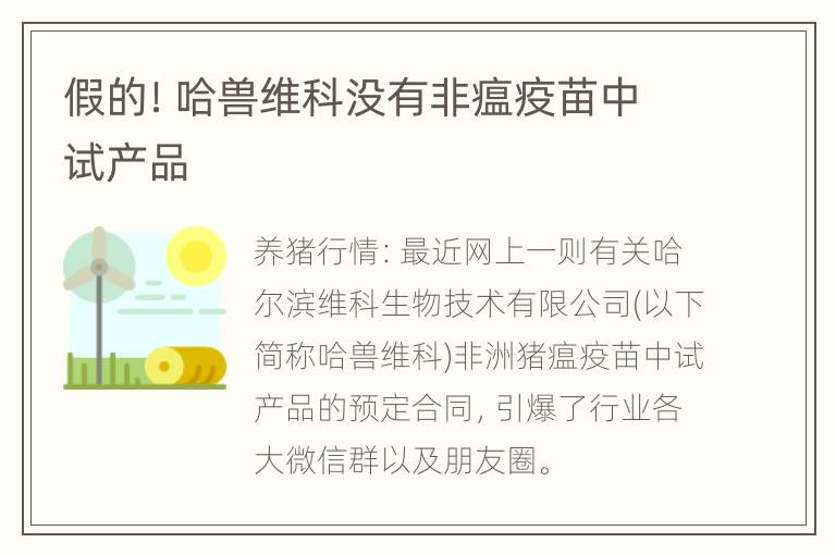 假的！哈兽维科没有非瘟疫苗中试产品