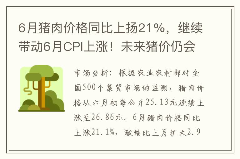 6月猪肉价格同比上扬21%，继续带动6月CPI上涨！未来猪价仍会保持