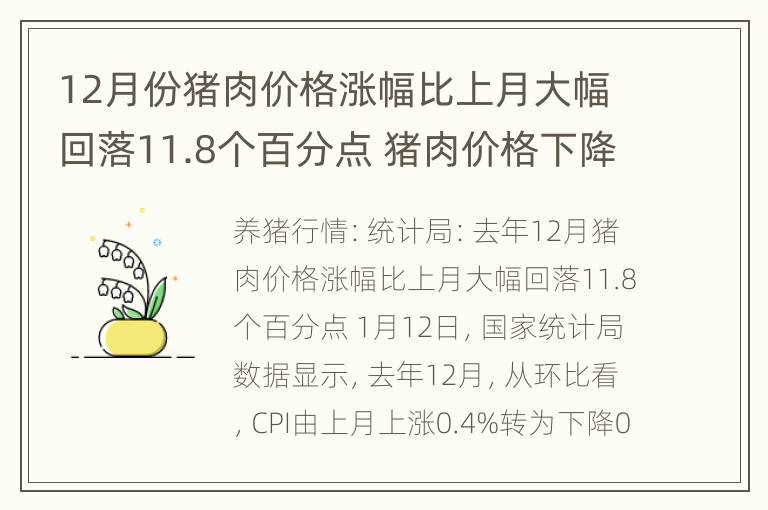 12月份猪肉价格涨幅比上月大幅回落11.8个百分点 猪肉价格下降36.7%