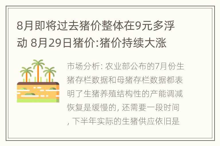 8月即将过去猪价整体在9元多浮动 8月29日猪价:猪价持续大涨