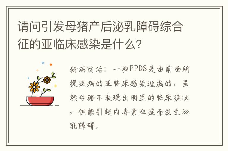 请问引发母猪产后泌乳障碍综合征的亚临床感染是什么？