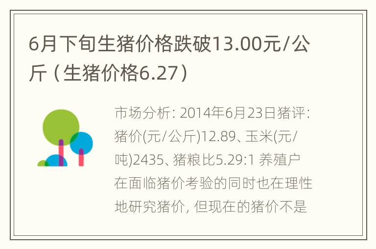 6月下旬生猪价格跌破13.00元/公斤（生猪价格6.27）