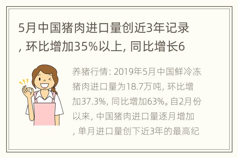 5月中国猪肉进口量创近3年记录，环比增加35%以上，同比增长63%