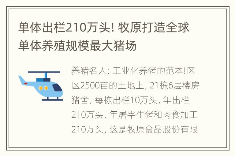 单体出栏210万头！牧原打造全球单体养殖规模最大猪场