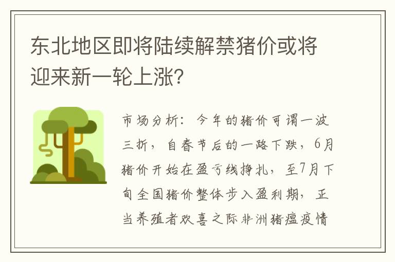 东北地区即将陆续解禁猪价或将迎来新一轮上涨？