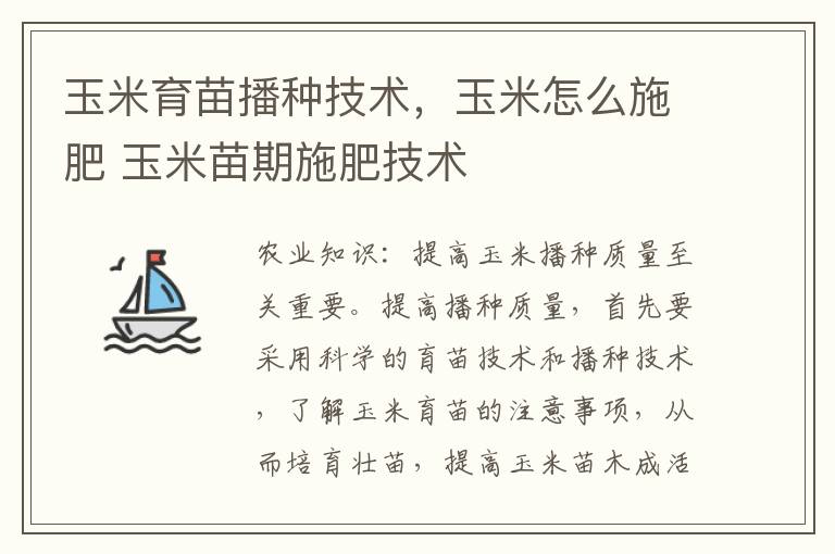 玉米育苗播种技术，玉米怎么施肥 玉米苗期施肥技术