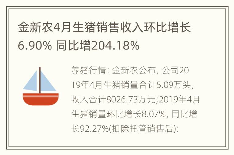 金新农4月生猪销售收入环比增长6.90% 同比增204.18%