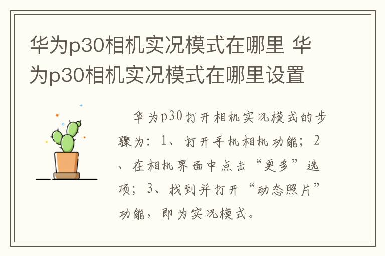 华为p30相机实况模式在哪里 华为p30相机实况模式在哪里设置