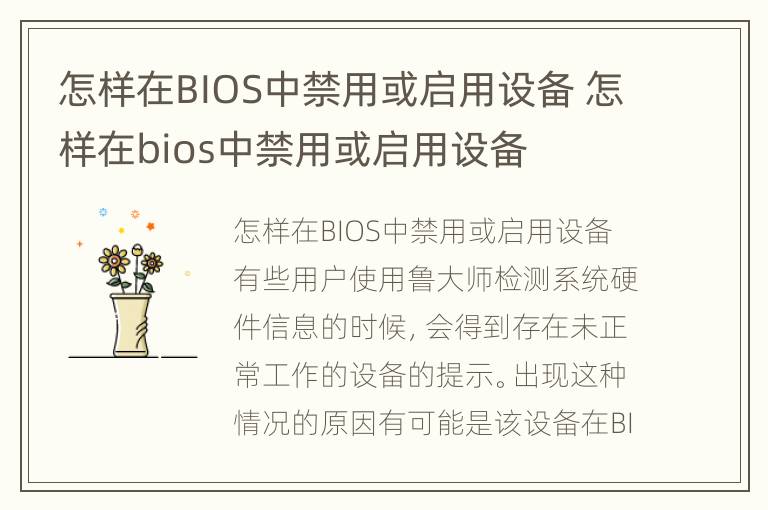 怎样在BIOS中禁用或启用设备 怎样在bios中禁用或启用设备