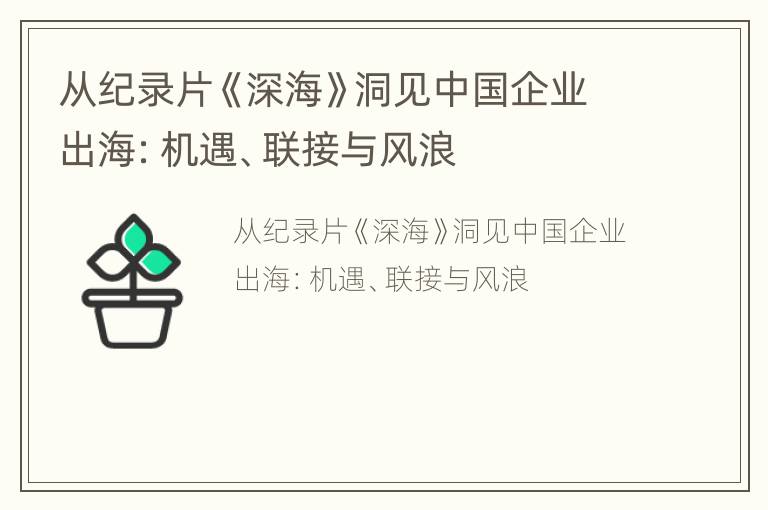 从纪录片《深海》洞见中国企业出海：机遇、联接与风浪