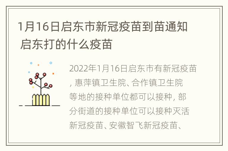 1月16日启东市新冠疫苗到苗通知 启东打的什么疫苗