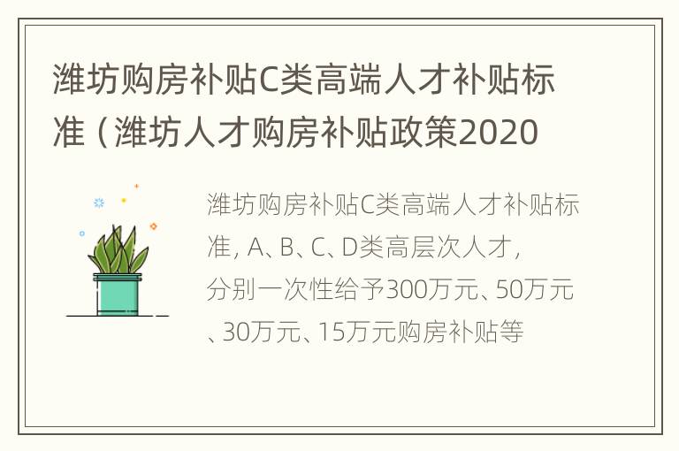 潍坊购房补贴C类高端人才补贴标准（潍坊人才购房补贴政策2020）