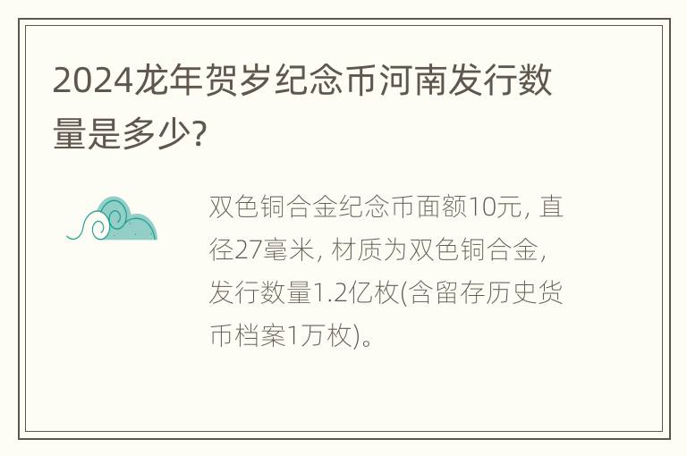 2024龙年贺岁纪念币河南发行数量是多少?