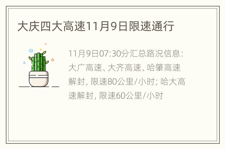 大庆四大高速11月9日限速通行