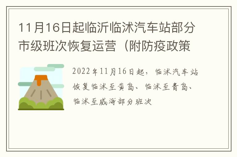 11月16日起临沂临沭汽车站部分市级班次恢复运营（附防疫政策）