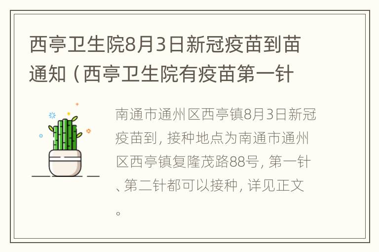 西亭卫生院8月3日新冠疫苗到苗通知（西亭卫生院有疫苗第一针打吗）