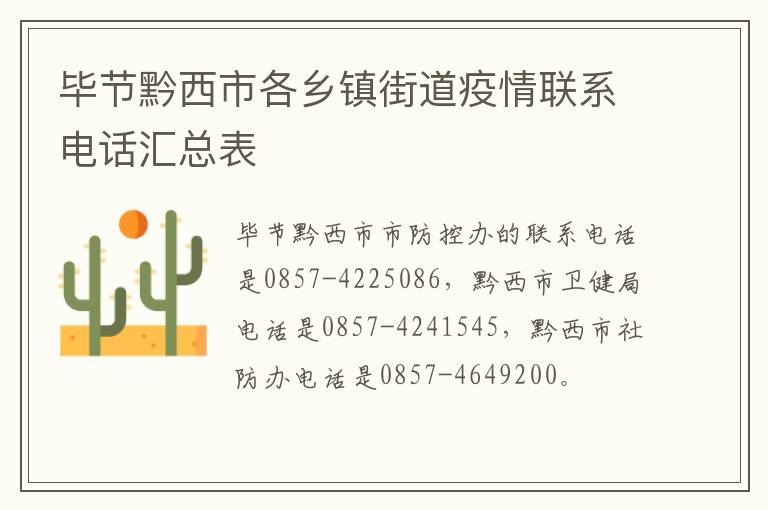 毕节黔西市各乡镇街道疫情联系电话汇总表