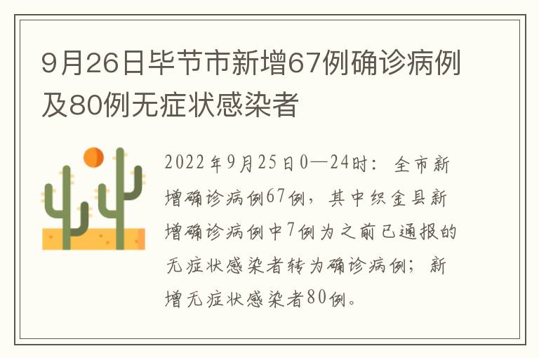 9月26日毕节市新增67例确诊病例及80例无症状感染者