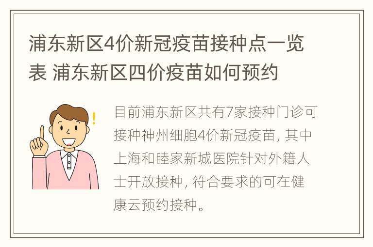 浦东新区4价新冠疫苗接种点一览表 浦东新区四价疫苗如何预约