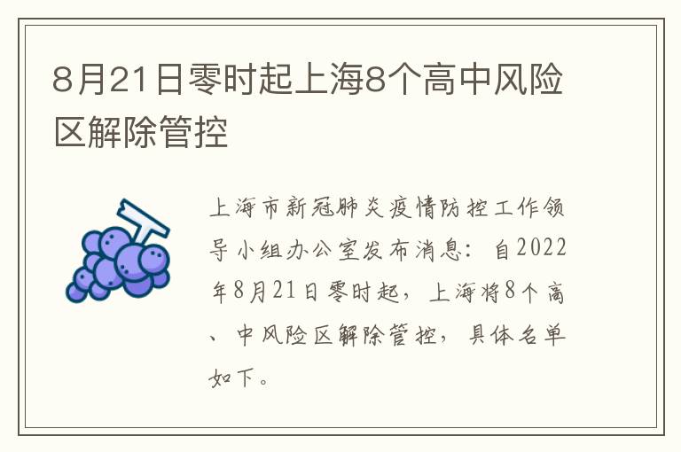 8月21日零时起上海8个高中风险区解除管控