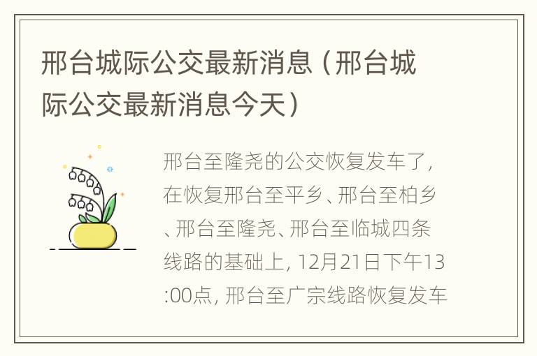 邢台城际公交最新消息（邢台城际公交最新消息今天）