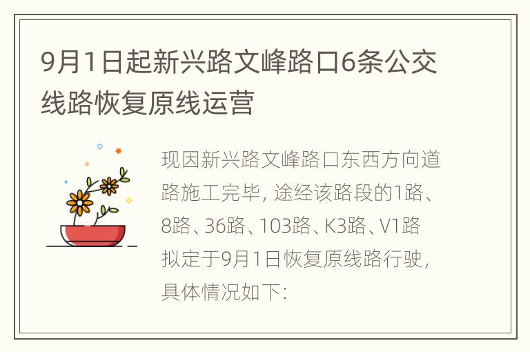 9月1日起新兴路文峰路口6条公交线路恢复原线运营