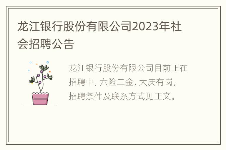 龙江银行股份有限公司2023年社会招聘公告